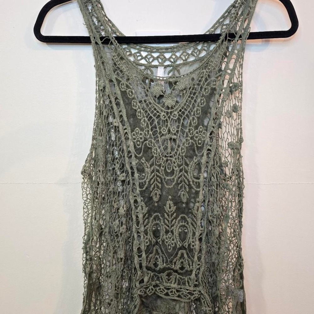 Vanity Sheer Crochet Lace Tank Top Boho Fairycore Y2K Size L Goblincore Festival